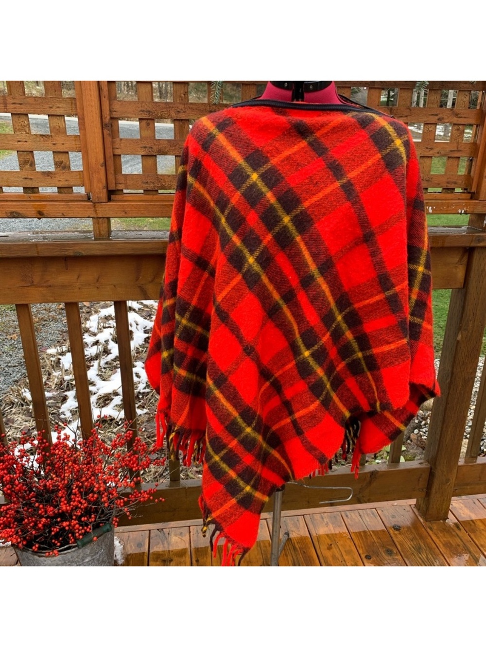 Vintage Red Plaid Fringe Poncho with Red & Brown Accents